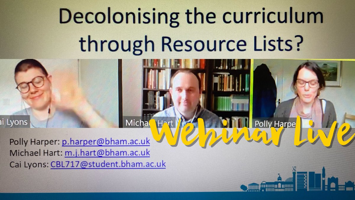 UoB_HEFi's tweet photo. Weβre live now with the #HEFiFestival #webinar in regards to #Decolonising the #curriculum through #ResourceLists? Led by @UoBLibServices Polly And Michael with Cai https://t.co/QefBr8i9vC