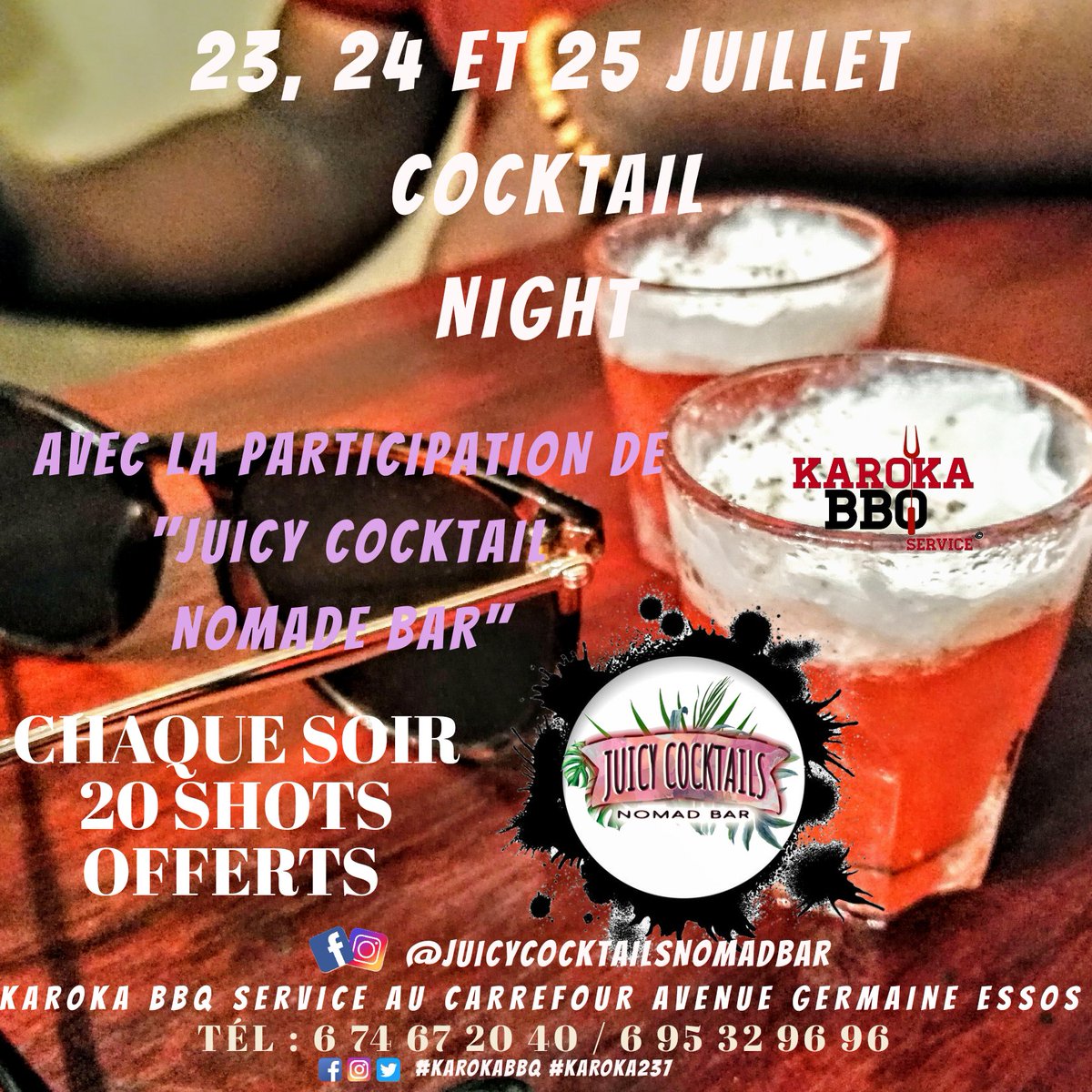 Karoka237's tweet photo. 💥Le 23, 24,et 25 juillet Juicy Cocktail Nomade Bar s'invite chez vous pour vous régaler de savoureux cocktails 🍹🍸...
🍸Le "El proprio" est une balade fruité entre vodka, triple sec, ananas et angostura😋.
#youneedit #camburger #karoka237 #cocktailsnight #karaoke https://t.co/IYfNPWpE53