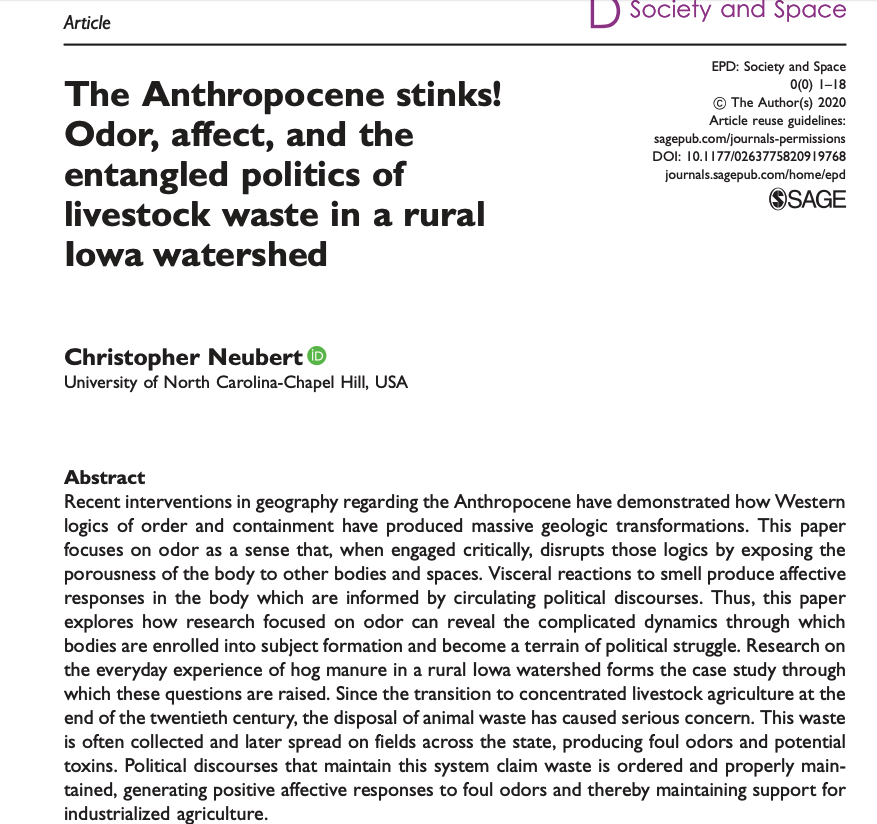 There's much more to be said about smell + the formation of political subjectivities. Sometimes stinks are rebranded to defend the status quo, as new paper  says (h/t  @GeogSara). But I have a hunch that smell also plays a big role in galvanizing environmental justice movements
