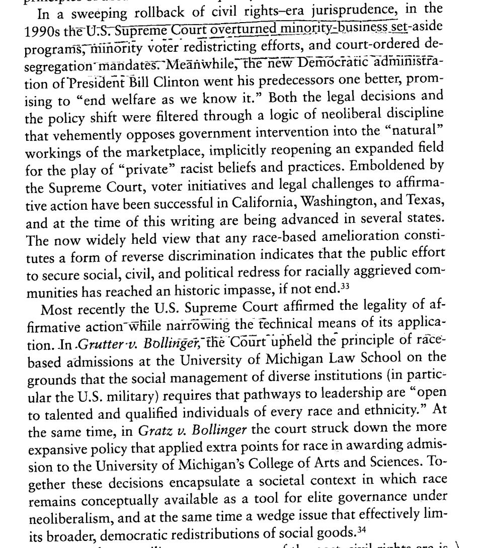 A lot of what we are dealing with stems from the collapse of the Reagan-Clinton synthesis which sought to stabilize opposition between colorblind conservatism and elite multiculturalism under neoliberal policy. I began writing about this almost 20 years ago in Black is a Country.