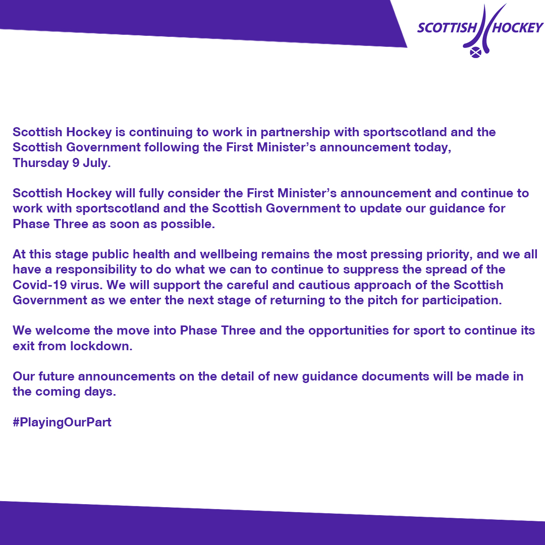 A statement from Scottish Hockey regarding the First Minister’s announcement today. #PlayingOurPart