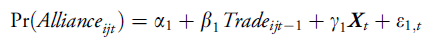 He then estimates a probit model with bilateral trade flows as the key explanatory and whether states A and B form an alliance as the outcome variable