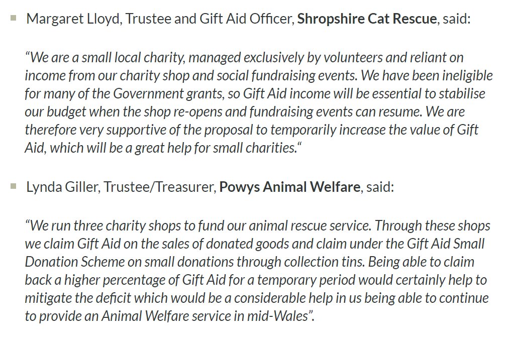 For these reasons the  #GiftAidrelief campaign is generating significant support from smaller local charities including Shropshire Cat Rescue and Powys Animal Rescue as they restart their charity shop and local fundraising actvities 4/  @MargLloyd  https://www.charitytaxgroup.org.uk/news-post/2020/charities-call-gift-aid-emergency-relief/
