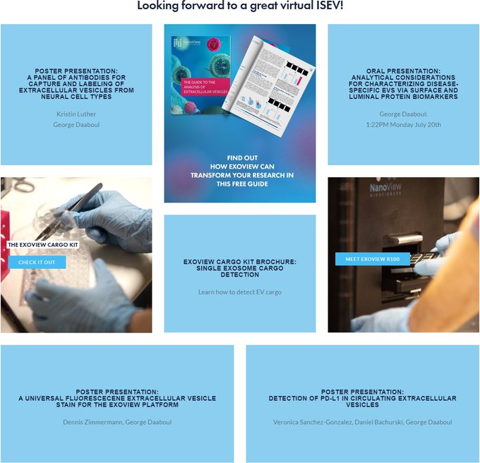 BucherBiotec's tweet photo. Join @nanoviewbio for virtual #ISEV. A range of exciting posters and presentations await you at the meeting as well as further info on the cargo kit for measuring EV cargo - read the abstracts here: https://t.co/4Wx3n2QziT
#exosomes #extracellularvesicles #ExoView #conference https://t.co/oWj2GpkrX7