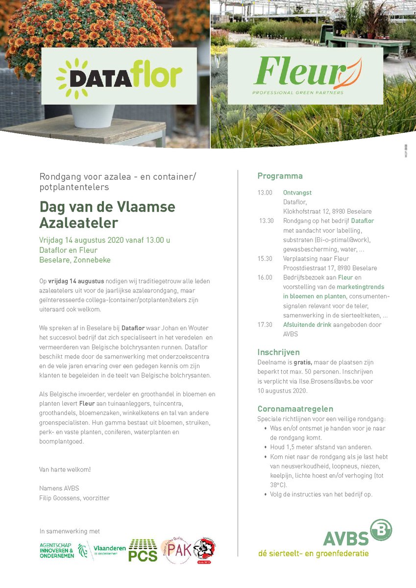 Viaverda_be's tweet photo. Op vrijdag 14 augustus 2020 vindt om 13u de jaarlijkse Dag van de Vlaamse #Azaleateler plaats op de bedrijven #Dataflor en #Fleur te Beselare. Zowel azaleatelers als container- en potplantentelers zijn welkom.
#azalea https://t.co/SUkjOv9a62
