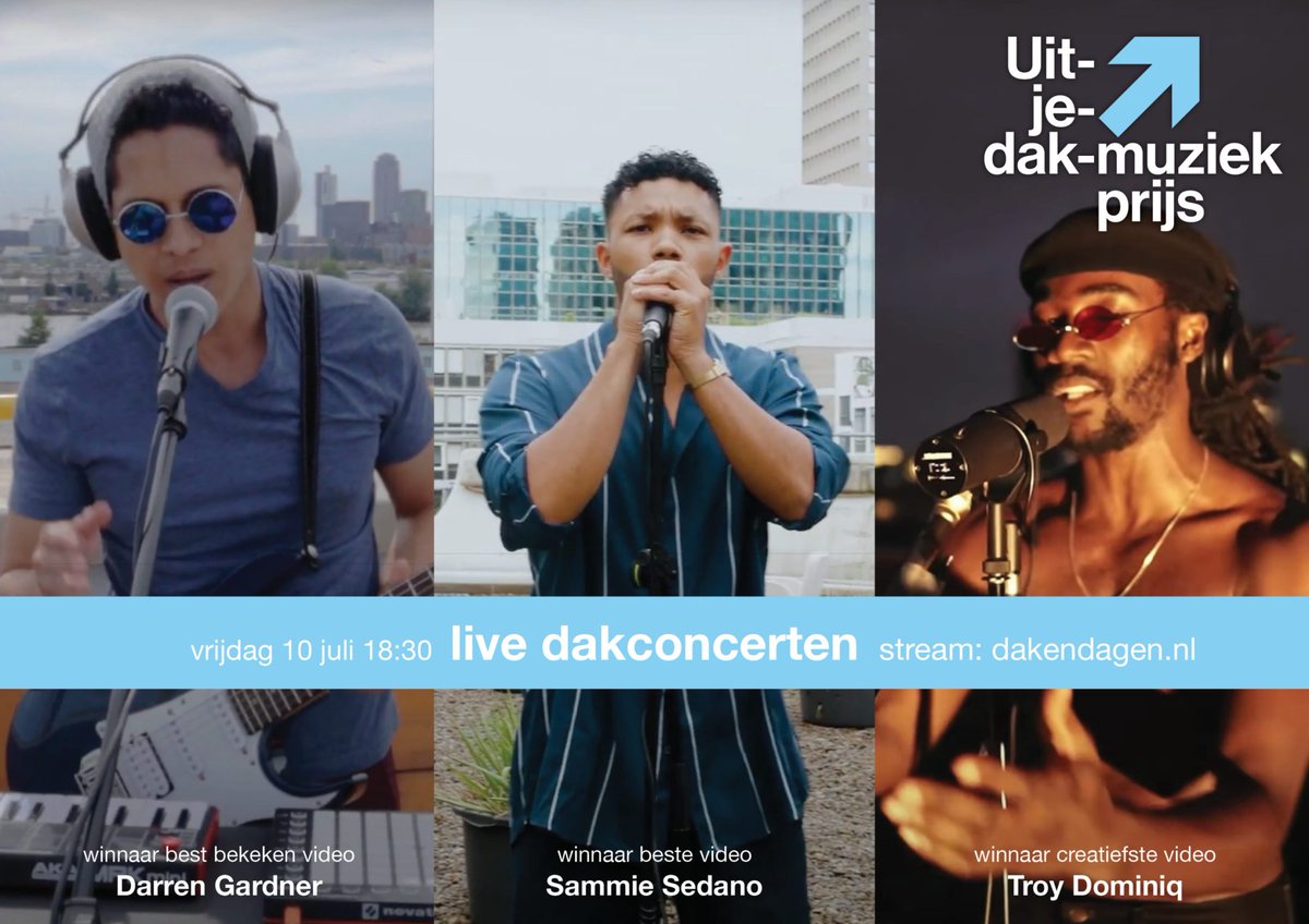 Morgen spelen de drie winnaars van de Uit-je-dak-muziekprijs live op een dak, te bekijken vanuit je woonkamer! Vrijdag om 18:30 reikt wethouder @SaidKasmiD66 de prijzen uit en spelen ze elk een korte live set op het dak. Volg de stream via dakendagen.nl!