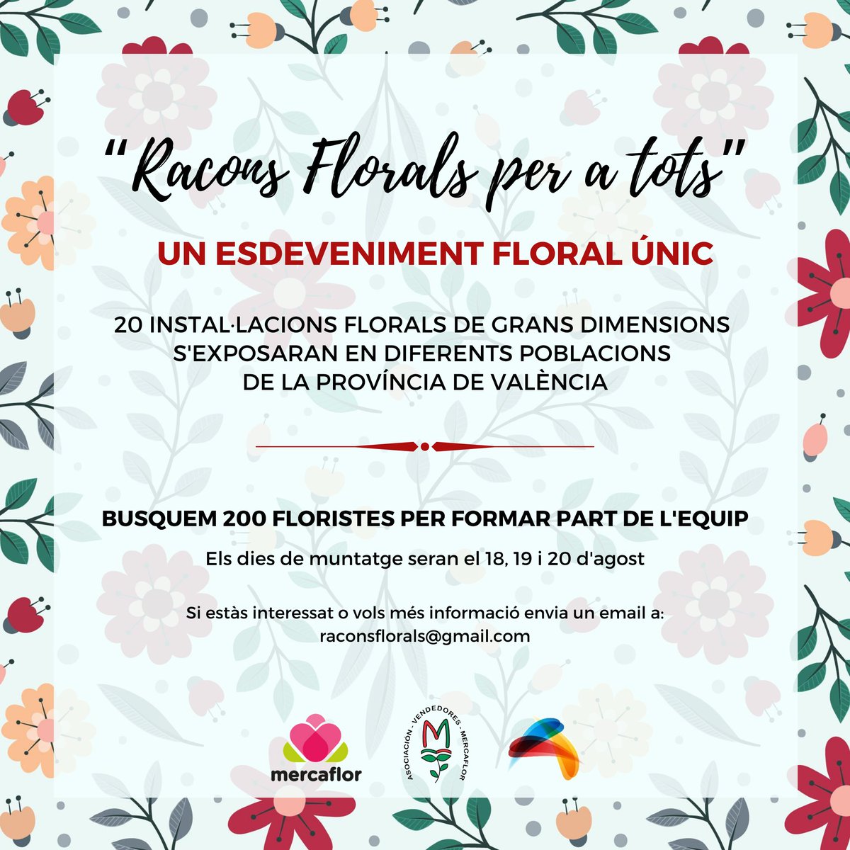 Mercavalencia1's tweet photo. Des de l'Associació Nacional de Floristes i l'Associació de Venedors de Flors de Mercaflor estan preparant una exposició de 20 instal·lacions florals amb el títol 'Racons florals per a tots'.🌷  Si estàs interessat en formar part de l'equip 📩: raconsflorals@gmail.com https://t.co/b3wq7Sha8b