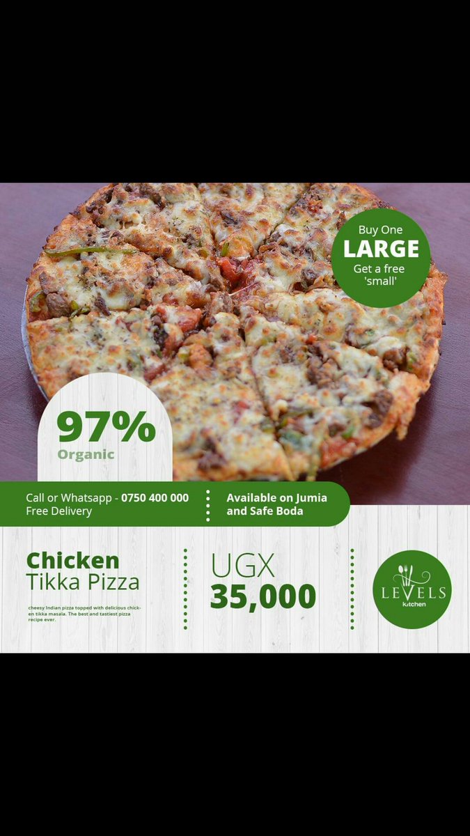 Levels_Ug's tweet photo. Extra cheesy and more slices! Beat that! 
Have yourself any of our large pizzas at 35,000 Ug.X  and get an extra free today!
#LevelsKitchenNow #pizzathursdays https://t.co/4FetlCgG7y