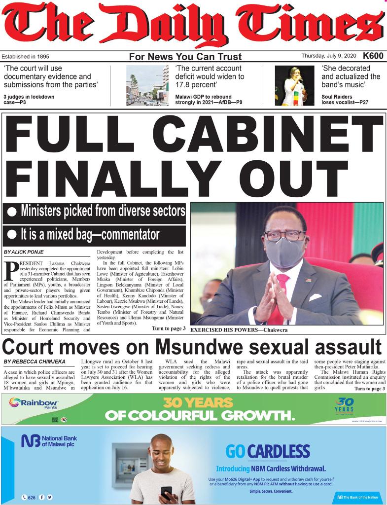RealBeeordun's tweet photo. The Daily Times: FULL CABINET FINALLY OUT
#FrontPage #FrontPageHeadlines
#MalawiCabinet #RealBeeordun https://t.co/TPdY5pqcEC