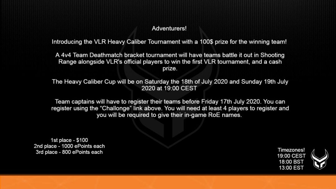 Ihr wollt euer können mit unseren Waffen und Teamwork beweisen? Dann schnappt euch euer Squad und nehmt ein wenig 💰 mit nach Hause. 

Macht beim 4v4 High Calibur Tournament, von VLR Gaming am 18-19 Juli mit! 

🔗 challonge.com/VLR4v4HC1