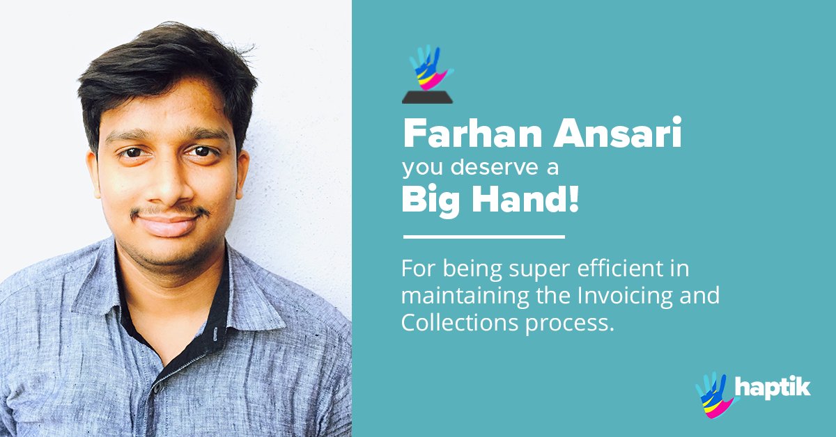 haptik's tweet photo. Presenting the next winner of our "Big Hand Awards". Kudos to Farhan Ansari for excelling through such a testing period. We value your significant contributions to Haptik. #HumansOfHaptik #EmployeeRecognition https://t.co/Tu6SBB3mKe