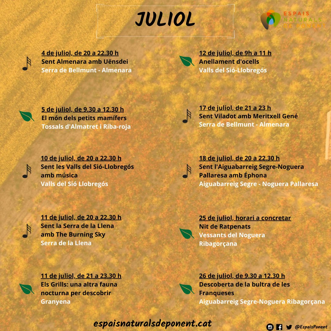 arcaruralcat's tweet photo. .@EspaisPonent et proposa 4 activitats per gaudir de la natura aquest cap de setmana:
🎵 Música en entorns naturals.
🌿 Excursions de descoberta de fauna.
🐦 Anellament d'ocells.
#EspaisNaturalsPonent #DescobrintPonent #LeaderCat2020
➡️ https://t.co/kKqEBS0agc https://t.co/aBK7Sz2ILf
