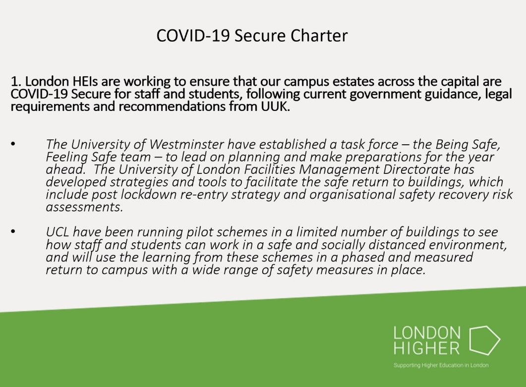 LondonHigher's tweet photo. Great to see how @londonHigher HEIs' are working towards our #ASafeReturnToStudy principals. See what @UniWestminster,  @uclnews and others are preparing in our full charter here https://t.co/2fSLYoMfDu https://t.co/WyUQbkZfel