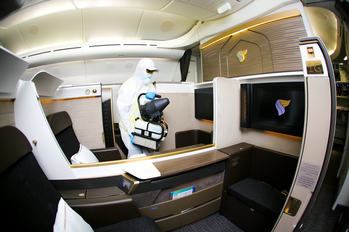 omanair's tweet photo. To make sure our guests and crew are safe at all times, our aircraft are thoroughly cleaned after every flight, along with additional cleaning at the end of each day. #Fly_Confidently #OmanAir https://t.co/SprXwS7okp