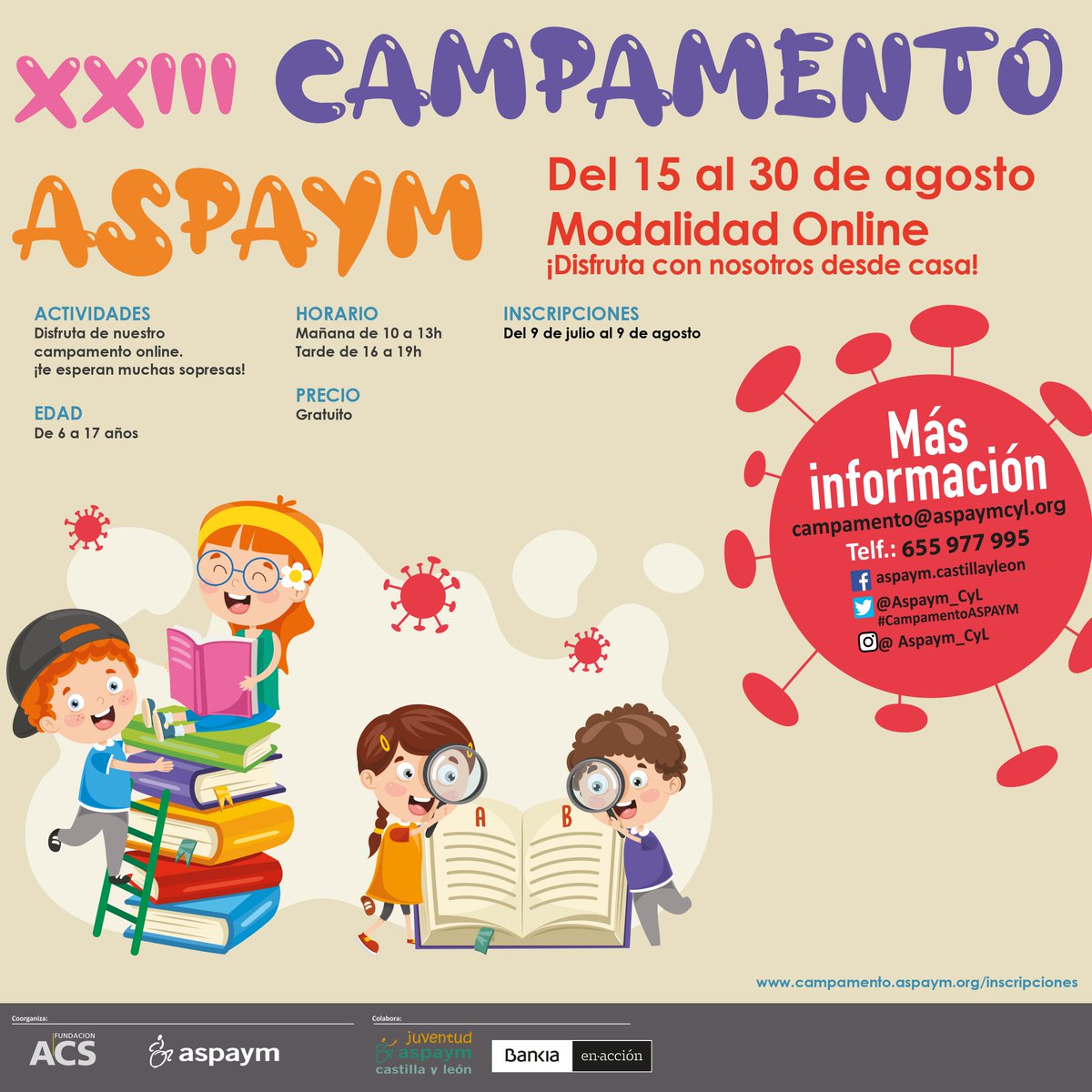 Aspaym_CyL's tweet photo. ¡El Campamento ASPAYM se celebrará de forma online del 15 al 30 de agosto! 

Inscripciones gratuitas del 9 de julio al 9 de agosto a través de -> https://t.co/dHpYg8jyPn
Solo necesitas un ordenador, conexión a Internet… ¡Y ganas de disfrutar! https://t.co/vs0UTilpgP