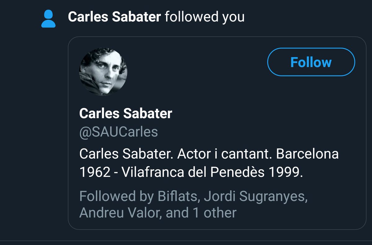 Tweets des de'l més enllà! Avui en Carles Sabater m'ha seguit al compte del <a href="/FormulaPuntCAT/">Fórmula.CAT</a>. Bromes a part, allà on sigui, li fem saber que la seva música mai deixarà de sonar!