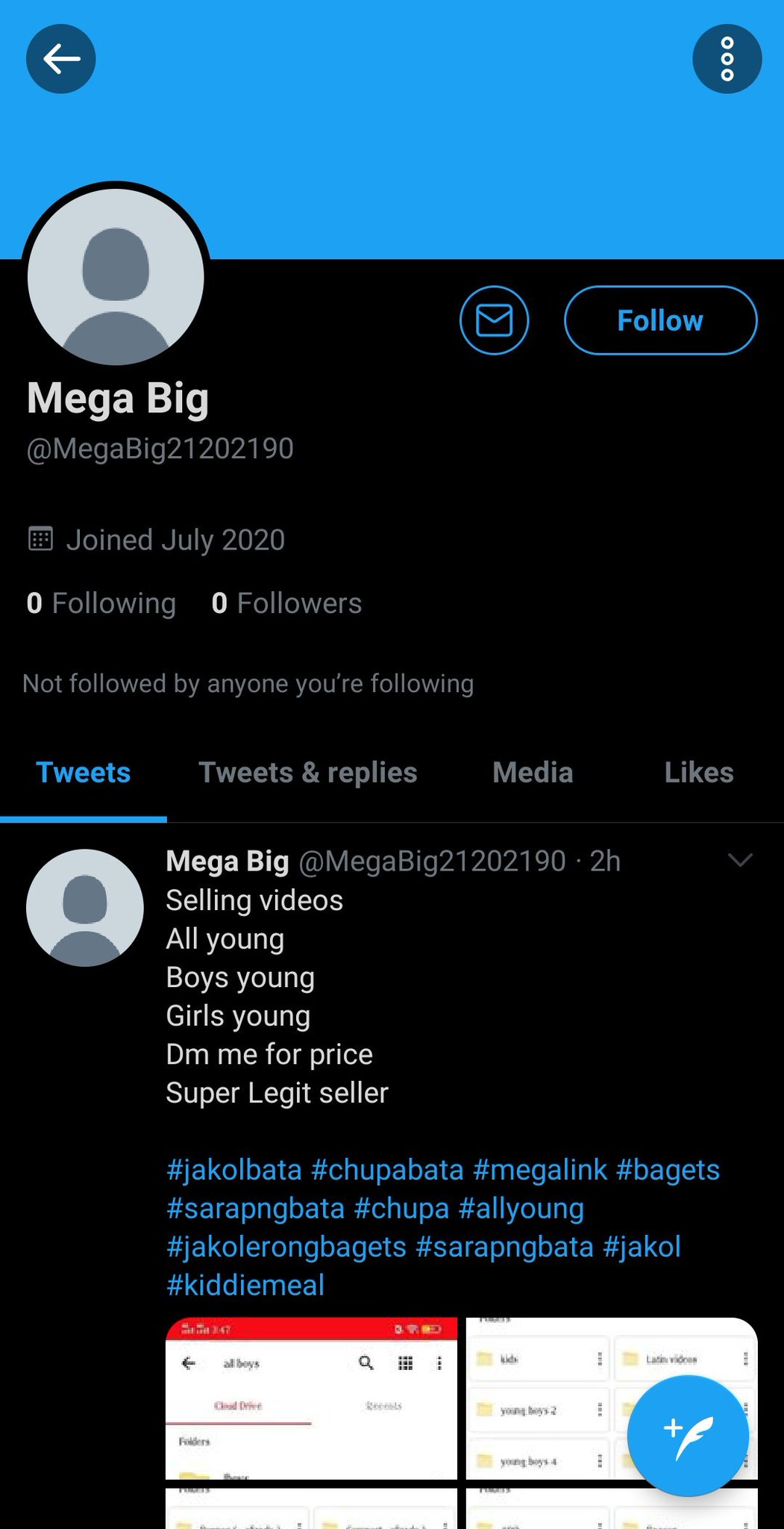 ᵈʰᵃⁿ ᜶ 𓆏𓆇 on X: ‼️PLEASE REPORT‼️ these accounts are still up and theyre selling cp!!! literally wtf s2r megalinks kiddiemeal t.co659nYWkTXC X