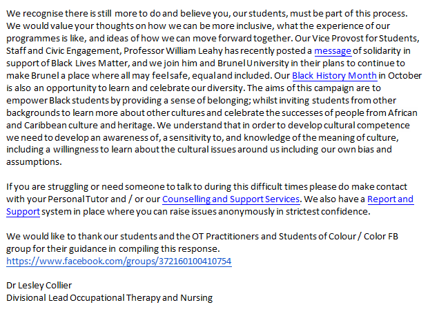We released our statement in support of  #BlackLivesMatter   on 15 June 2020 - and received feedback from our students. We recognise that allyship is a verb and words need to be followed up by action, hence the establishment of our RACE Working Group.
