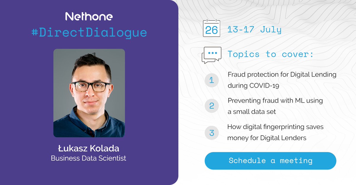 Nethone_'s tweet photo. Meet the next expert in #DirectDialogue! Łukasz Kolada, Business Data Scientist leads the #DigitalFinance vertical at Nethone. He will be available to you from 13-17 July for FREE consultations on fraud prevention in #digitallending.
Book your meeting 👉 https://t.co/tC60Wc2QDP https://t.co/iHsMBmRaYv