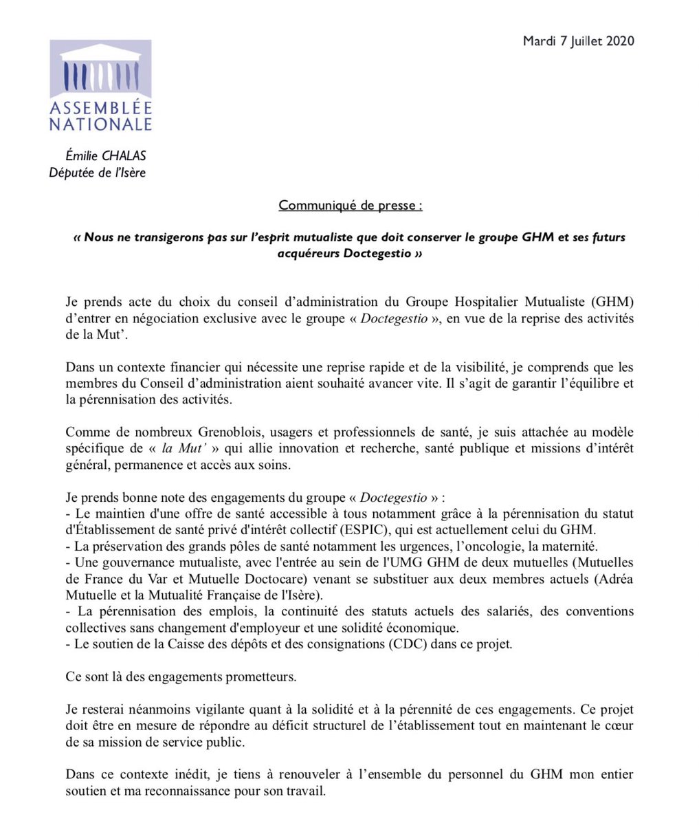 [Communiqué] 

Comme de nombreux Grenoblois, usagers et professionnels de santé, je suis attachée au modèle
spécifique de « la Mut’ » qui allie innovation et recherche, santé publique et missions d’intérêt
général, permanence et accès aux soins.

Mon communiqué en intégralité ⤵️