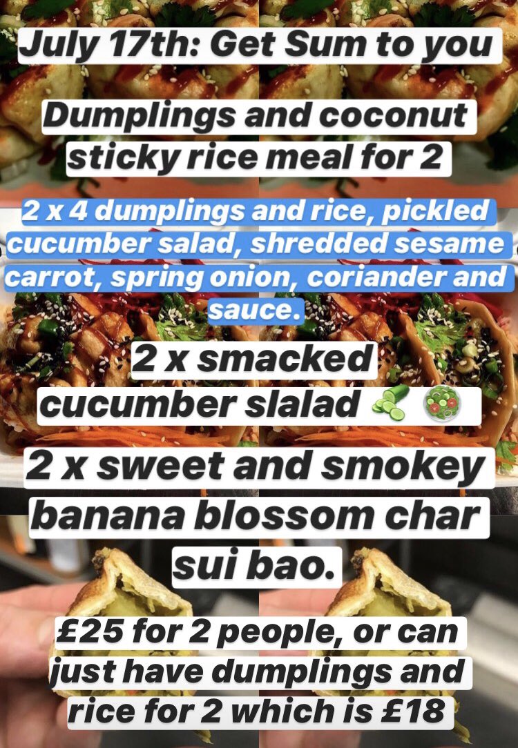 DumplingDude00's tweet photo. Next Friday the 17th will be the first ‘Get Sum to you’ meal for 2 #home #delivery service!
#dumplings and #rice for 2 people.
2 x super fluffy char sui #Bao’s.
2 x smacked #cucumber #salad.

£25 for 2 people.
Or just dumplings and rice for 2 for £18, save £4 making it a meal. https://t.co/MKRNPOHlGU