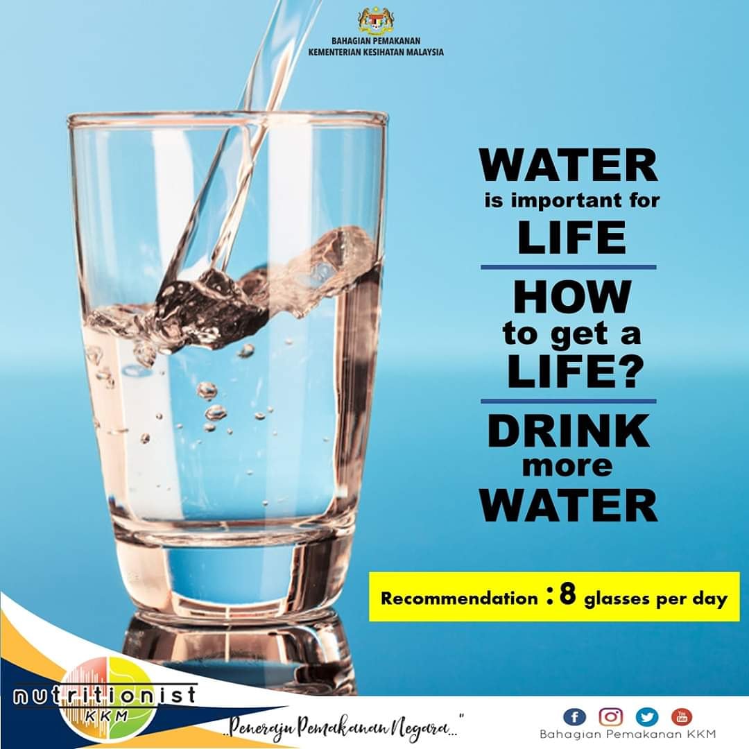 BhgPemakananKKM's tweet photo. WE ARE WHAT WE DRINK
Adequate plain water intake helps your kidneys work more efficiently and helps to prevent kidney stones..
Don't Forget 8 glasses / 2 liter per day
(Malaysian Dietary Guidelines, MDG)
#drinkplainwater
#8glassesperday
#NHMS2019
#NutritionistKKM https://t.co/goup5F3NJs