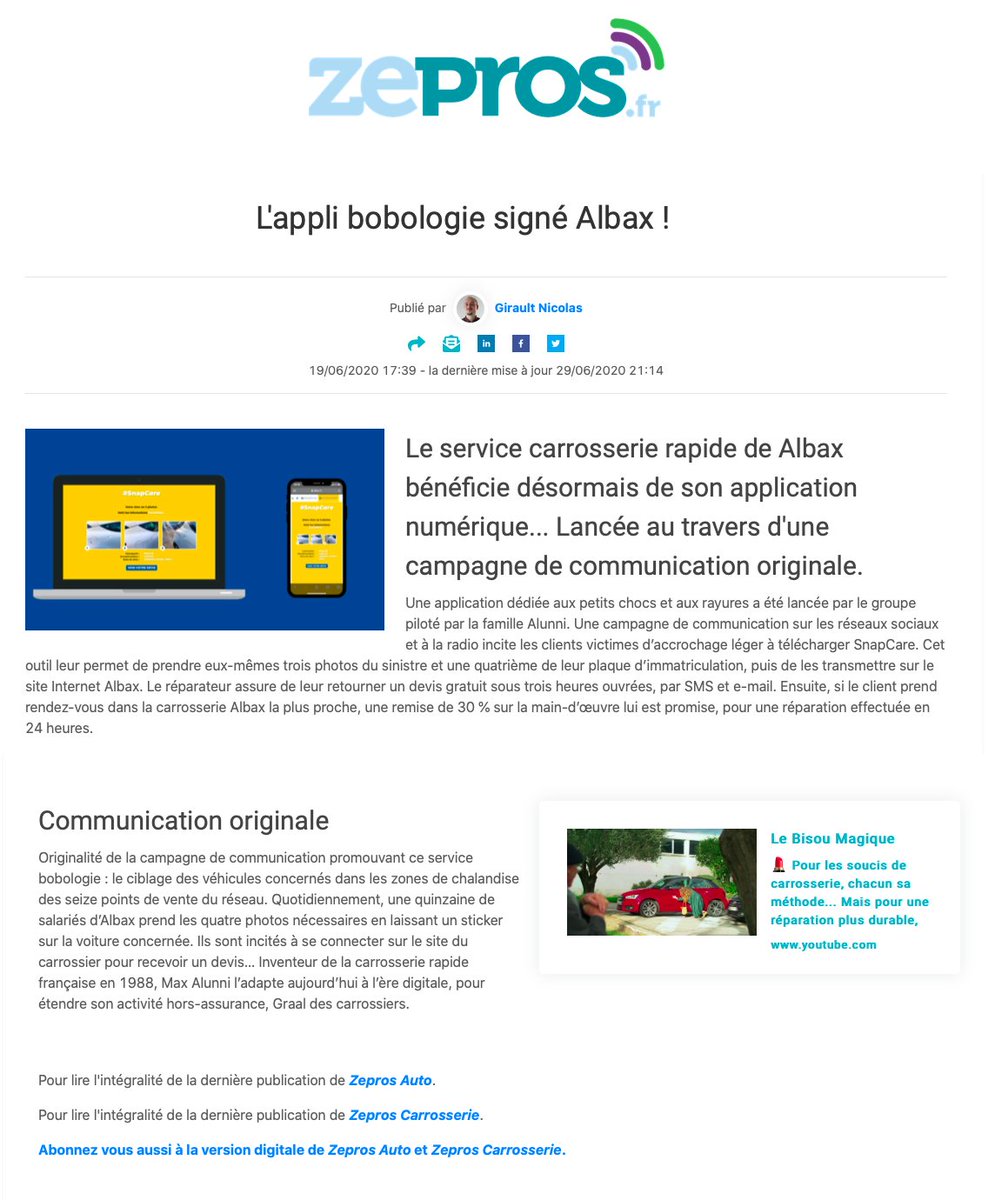 "L'appli bobologie signé Albax !" à lire sur Zepros.fr 
📝 Girault Nicolas

#Albax #SnapCare #CarrosserieAlbax #GroupeAlbax #AlbaxSnapCare #Carrosserie #Carrossier #Automobile #Automotive #JournalAutomobile #AutomotiveNews
