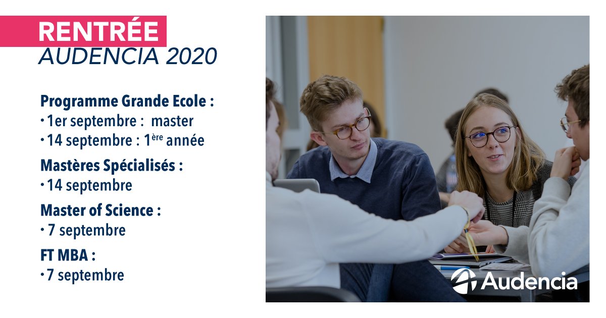 audencia's tweet photo. #Rentrée - 📢Vous vouliez connaître toutes les dates de rentrée de nos programmes :
🔷Programme Grande Ecole - @audencia
🔷Mastères Spécialisés - @ms_audencia 
🔷Master of Science - @audenciamasters 
🔷FT MBA - @Audencia_MBA 
📌Les voici⤵️
👉https://t.co/yoSpxvIXkX https://t.co/wTMewoOSWS