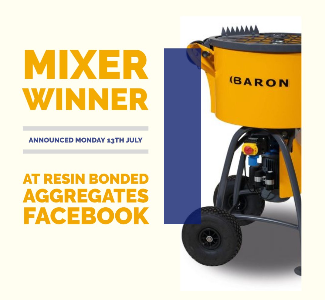 resinbondedaggs's tweet photo. The winner of the brand new F-Line Baron Mixer will be announced Monday the 13th of July!

We're also giving away 4 runner up prizes of #ResinBull trowels PLUS a 10% discount on all #DALTEX dried aggregates to everyone who entered.

Good luck! #ResinGravel #ResinBound #Resin https://t.co/0eQCN4grO1