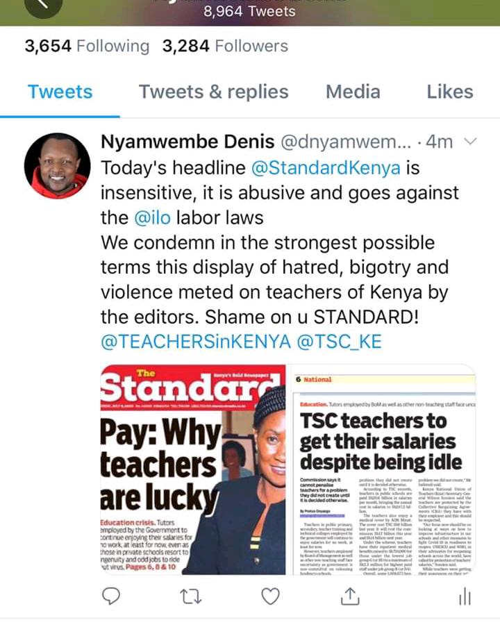 LilianIlaini's tweet photo. #Resiststandardmedia. What makes standard newspaper think that teachers are idle? Hi ndio gazeti ya kufungia nyama. Keep your bile. Stop COVID and see what teachers are capable of doing https://t.co/tssTEp2loa