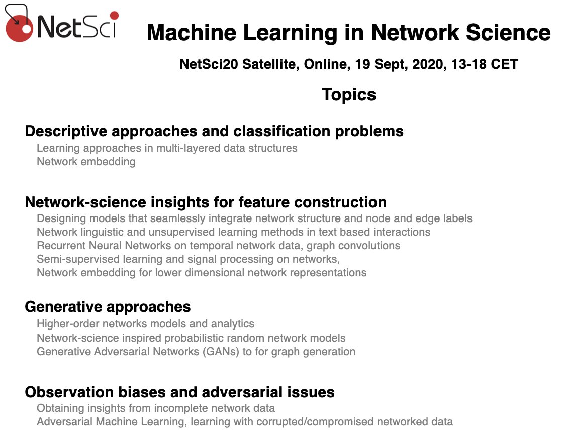 NetScience (@net_science) on Twitter photo Fourth edition of "Machine Learning in Network Science"! Satellite <a href="/netsci2020/">NetSci MMXX</a>. 19 Sept, 13-18 CET. Deadline for abstracts 31/07. All details here: mlns20.tumblr.com Fourth edition of "Machine Learning in Network Science"! Satellite <a href="/netsci2020/">NetSci MMXX</a>. 19 Sept, 13-18 CET. Deadline for abstracts 31/07. All details here: mlns20.tumblr.com