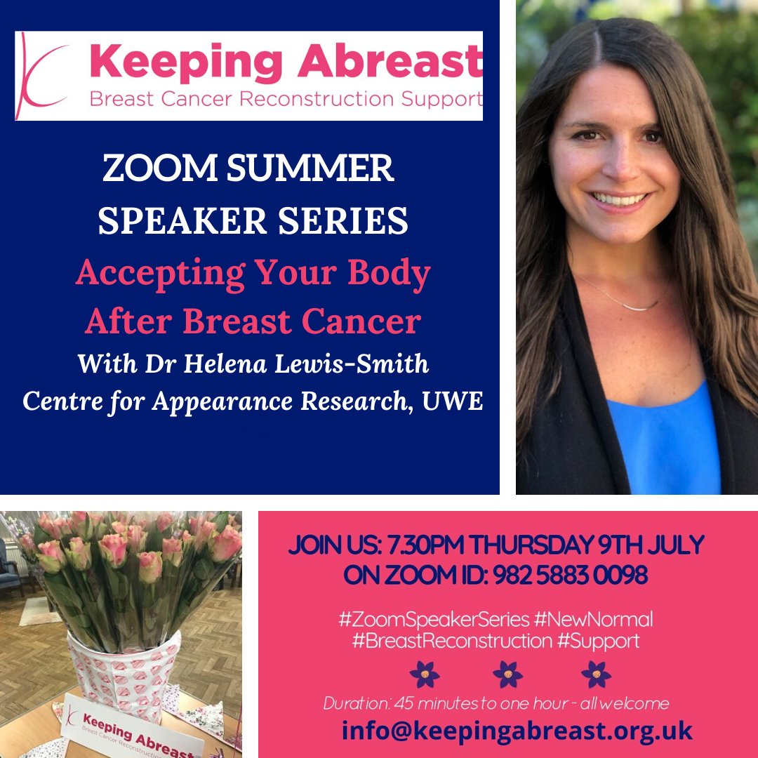 Body image issues? Join us at 7.30pm this evening, Thursday 9th July, for our next Keeping Abreast Zoom Summer Speaker Session, on Accepting Your Body After Breast Cancer. All welcome. Zoom: zoom.us/j/98258830098 #breastreconstruction #virtualsupport #zoom #lockdown #newnormal