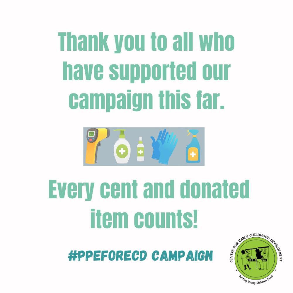 CECD_online's tweet photo. Our #PPEforECD campaign is appealing to the public to help raise R2.4m, to enable 600 struggling ECD centres acquire PPE - at a cost of R4,000 per centre – to open and welcome their children back. To support the cause visit https://t.co/pJcQu8Eac1
 #ECDisEssential #PPESavesLives https://t.co/BovOEDwh26