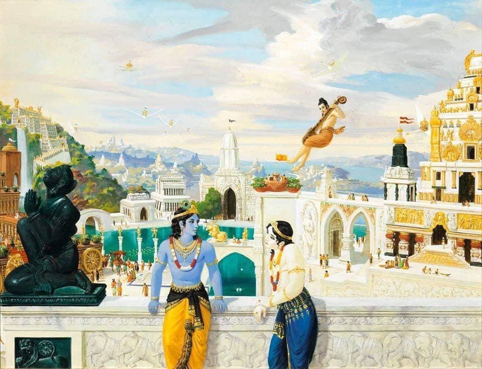 4/6 Scenes in sequence—Krishna meets Narada (wanna believe he hd a jet pack)happier days Pandavas and Krishna,  Arjuna shoots arrows at his grandfather Bheeshma, last bt not the least the painter himself. 