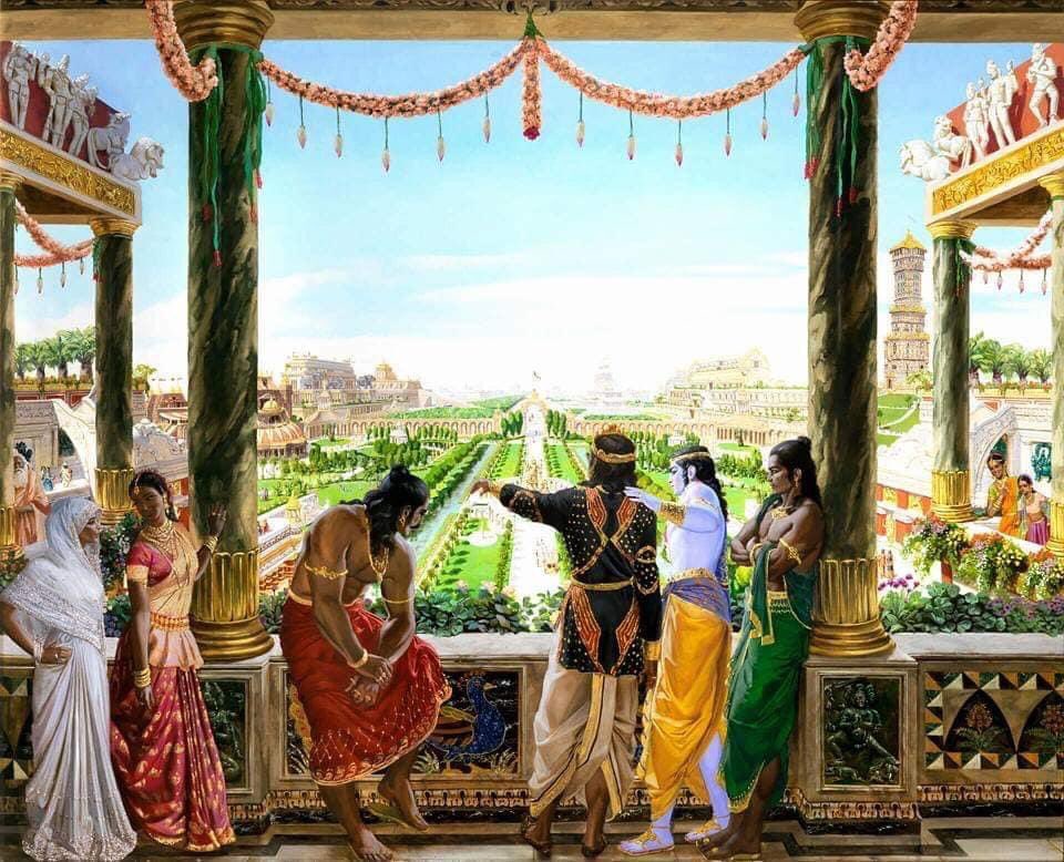 4/6 Scenes in sequence—Krishna meets Narada (wanna believe he hd a jet pack)happier days Pandavas and Krishna,  Arjuna shoots arrows at his grandfather Bheeshma, last bt not the least the painter himself. 