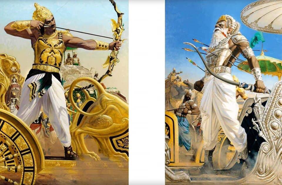 4/6 Scenes in sequence—Krishna meets Narada (wanna believe he hd a jet pack)happier days Pandavas and Krishna,  Arjuna shoots arrows at his grandfather Bheeshma, last bt not the least the painter himself. 