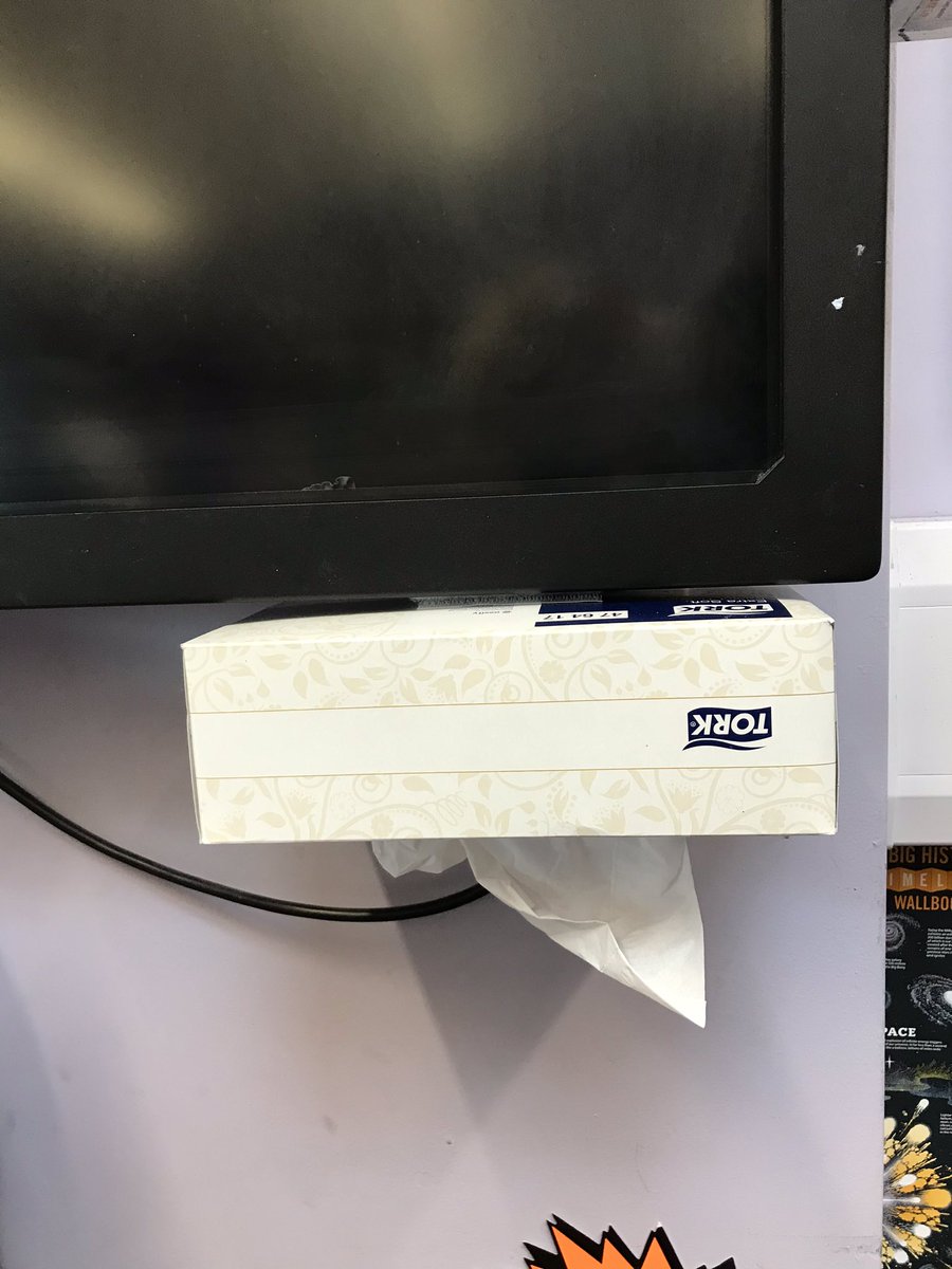 DeputyGrocott's tweet photo. 3 little classroom hacks in place this morning
1) Touch light (with elbows) to show someone is in the toilet.
2) Velcro whiteboard pens to get best use of ink (and not lose them!)
3) Vecro tissue box to avoid over touching of the box when getting a tissue (just pull). https://t.co/rdcJzGaN2c