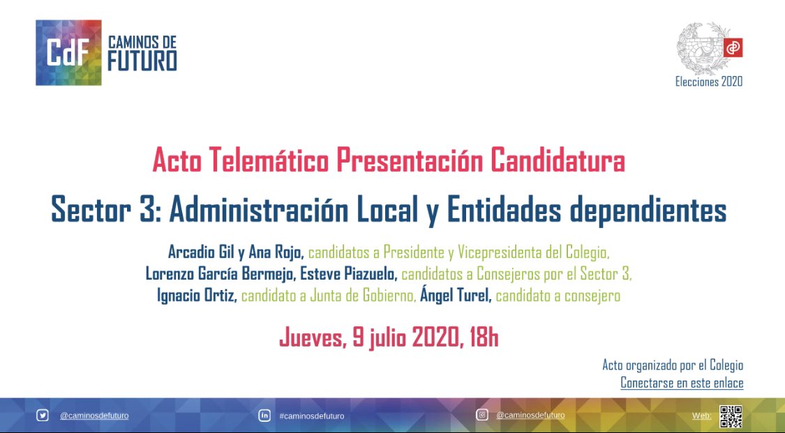 Acto Presentación sector 3: Administración Local hoy jueves 9/7 a las 18:00.
Con <a href="/ArcadioGil/">Arcadio Gil Pujol</a> / Ana Rojo y candidatos a consejeros <a href="/EstevePiazuelo/">Esteve Piazuelo</a> / Lorenzo García Bermejo / <a href="/AngelTurel/">Angel Turel</a> y a vocal Junta <a href="/i_ortizdeandres/">Ignacio Ortiz de Andrés</a> 

zoom.us/j/95694277188