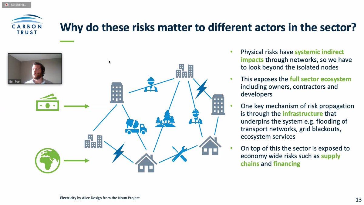 UKGBC's tweet photo. In today's #TCFDs webinar, Ben Peel, Consultant at @thecarbontrust outlines how physical risks don't just affect isolated assets but the sector as a whole. 'We must be thinking about our own assets but also where we are reliant in the bigger network' https://t.co/hapilVtVci
