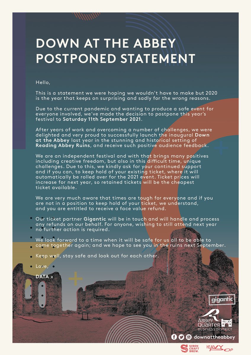 📯 An important Down at the Abbey Festival update 📯

Please read our statement below and then enjoy our 2019 highlights video here: vimeo.com/385063333 👑

We will see you again in 2021. 💜

#datafest #rdguk