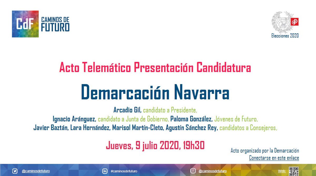 También hoy 19.30 estaremos online en @CaminosNavarra con nuestro candidato a Presidente <a href="/ArcadioGil/">Arcadio Gil Pujol</a> y candidatos vocales / consejeros @IgnacioAranguez <a href="/baztan_j/">F. Javier Baztán</a> <a href="/MarisolM_C/">Marisol Martín-Cleto</a> Lara Hdez y Agustín Sánchez Rey + Paloma Gómez del grupo de apoyo Jóvenes

Enlace: zoom.us/j/96875142303