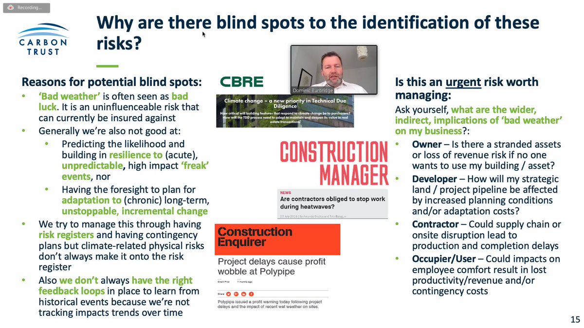 UKGBC's tweet photo. Associate Director at @thecarbontrust, Dominic Burbridge, presenting on the gaps that exist in the typical risk identification process and how to overcome them in today's #TCFDs webinar https://t.co/9oU2mpt6PR