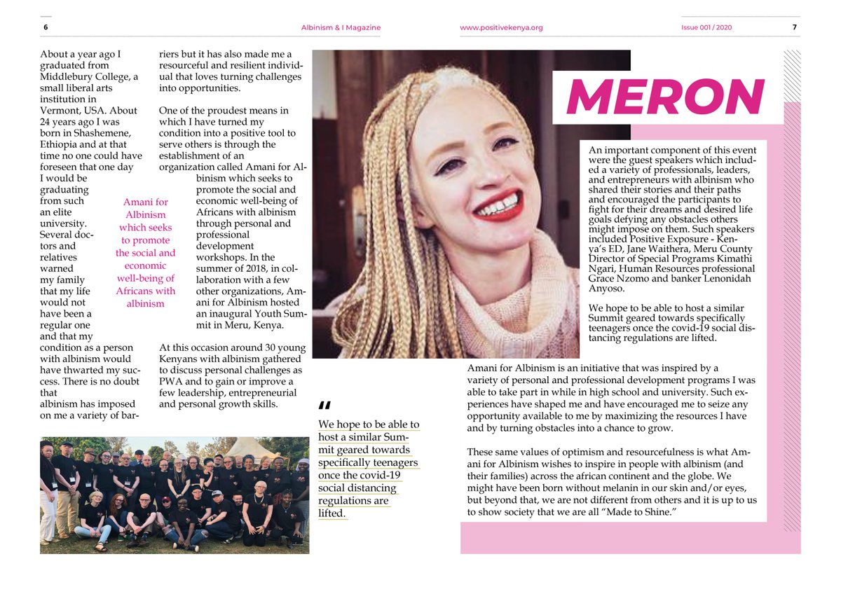 "albinism has imposed on me a variety of barriers but it has also made me a resourceful and resilient individual," Meron shares her story on ALBINISM &amp; I Magazine.
#OwnYourStory #AlbinismIsHumanism #ChangingTheNarrative
