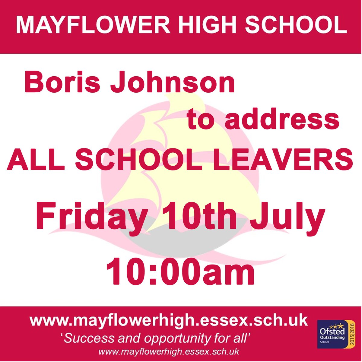 Mayflower_High's tweet photo. Prime Minister @BorisJohnson to address all school leavers.
On Friday 10 July at 10am, the Prime Minister will be giving an address to all school leavers which will be broadcast on Facebook and YouTube.

https://t.co/e6UOKiNZMu
or 
https://t.co/GsQkVK4wZm https://t.co/yV0qUDPfWG