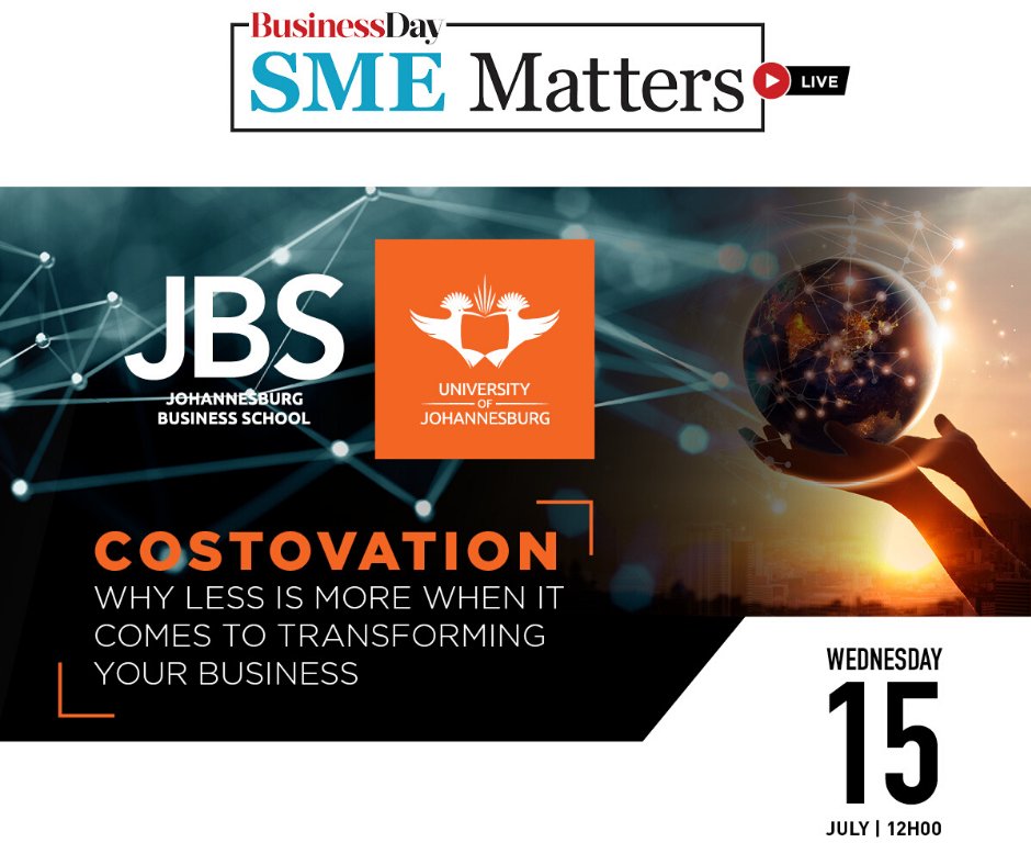 ArenaEventsZA's tweet photo. Join us for a Business Day SME Matters in partnership with @JBS_UJ as our panel of experts focus on Costovation – why less is more when it comes to transforming your business
15 July 2020 | 12PM | Register at: https://t.co/rfC2hCzgC0
#JBS #SMEMatters #BDDialogues @JBS_UJ https://t.co/6VijdIzHNI