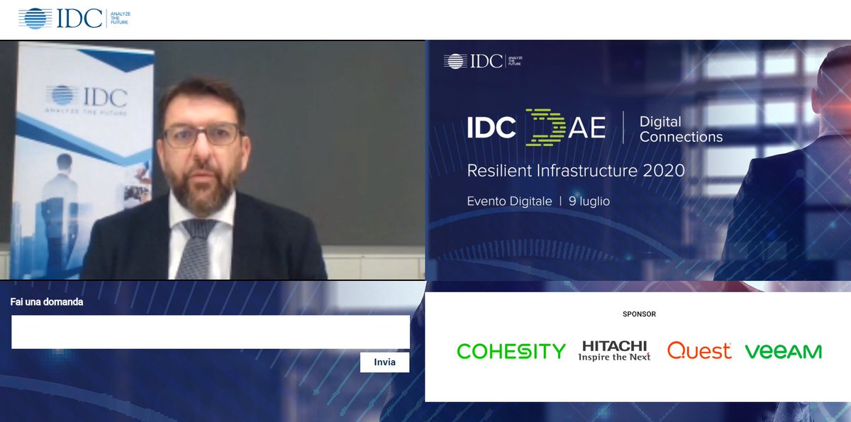 IDCItaly's tweet photo. La disponibilità dei sistemi e la continuità del servizio sono fondamentali per rispondere a #emergenze e #crisi. 

Al via il webinar #IDCResilience20. In studio @PatanoSergio. 

Sponsor @Cohesity, @veeam_it, @Quest_EMEA e @Hitachi_ITA

#resilienza #ripartenza https://t.co/r05I1qoRHd