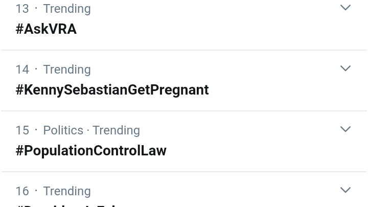Singh08998's tweet photo. Seeing this two trending together 😂🤦
#KennySebastianGetPregnant 
#PopulationControlLaw https://t.co/bJMyZLqeiU
