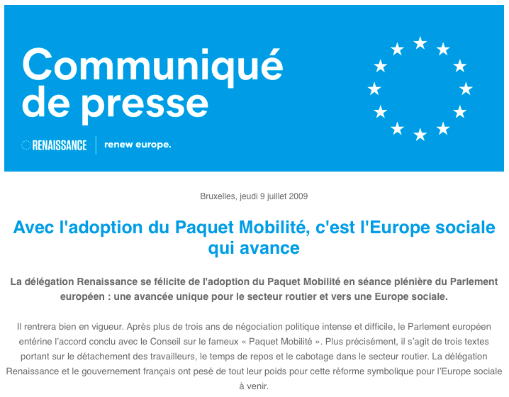 Le #PaquetMobilité, sur lequel j'ai travaillé, a été adopté par le <a href="/Europarl_FR/">Parlement européen en France</a> ! 

Une excellente nouvelle pour une Europe du transport plus sociale, avec des avancées majeures sur le cabotage, le temps et les conditions de repos des conducteurs... 

1/2