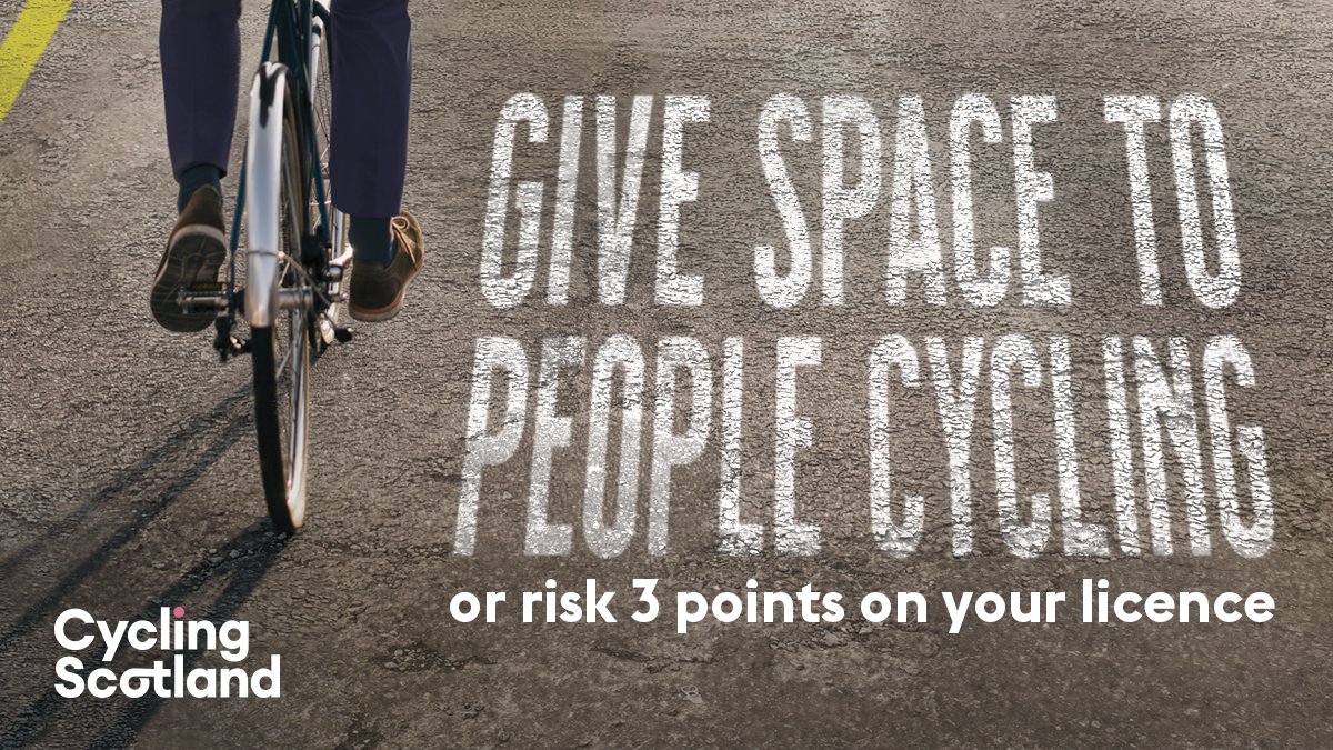 Give Cycle Space ☑️a 1/3 of people in Scotland don’t leave 1.5metres overtaking cyclists ☑️every week at least 3 people cycling suffer serious life-changing injuries colliding with a vehicle ☑️64% of people don’t know they cd get 3 points on licence driving too close to cyclists