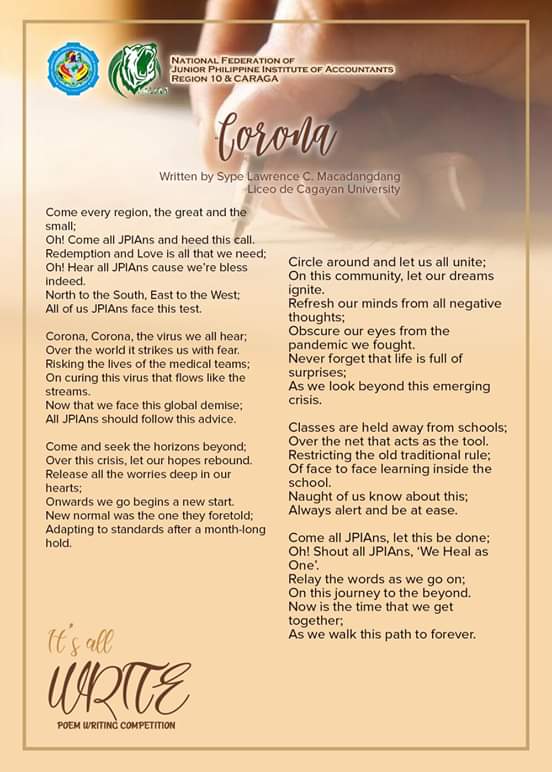 NFJPIA10CARAGA's tweet photo. Entry Number 1 for the It’s All Write: Poem Writing Competition.
Title: Corona
Name: Lawrence C. Macadangdang
School: Liceo de Cagayan University
https://t.co/J524iVMR74
#ItsAllWrite
#Quaranthings
#Salire
#RFJPIA10CARAGA https://t.co/lazql0NApH